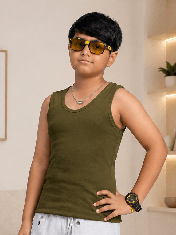 EASY WEAR VEST T-SHIRT FOR BOYS GIRLS OLIVE GREEN worn by a boy in stylish sunglasses, showcasing a relaxed sporty look.