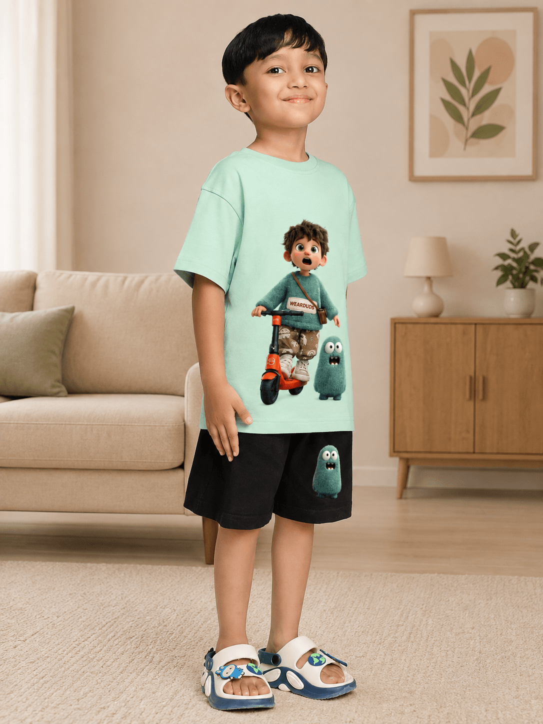 FUN MONSTER GRAPHIC CO-ORD FOR BOYS GIRLS GREEN BLACK outfit on a child with a playful monster graphic.