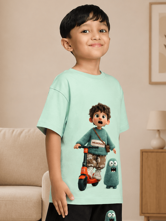 FUN MONSTER GRAPHIC T-SHIRT FOR BOYS GIRLS GREEN worn by a boy with a playful monster graphic on a vibrant green T-shirt.