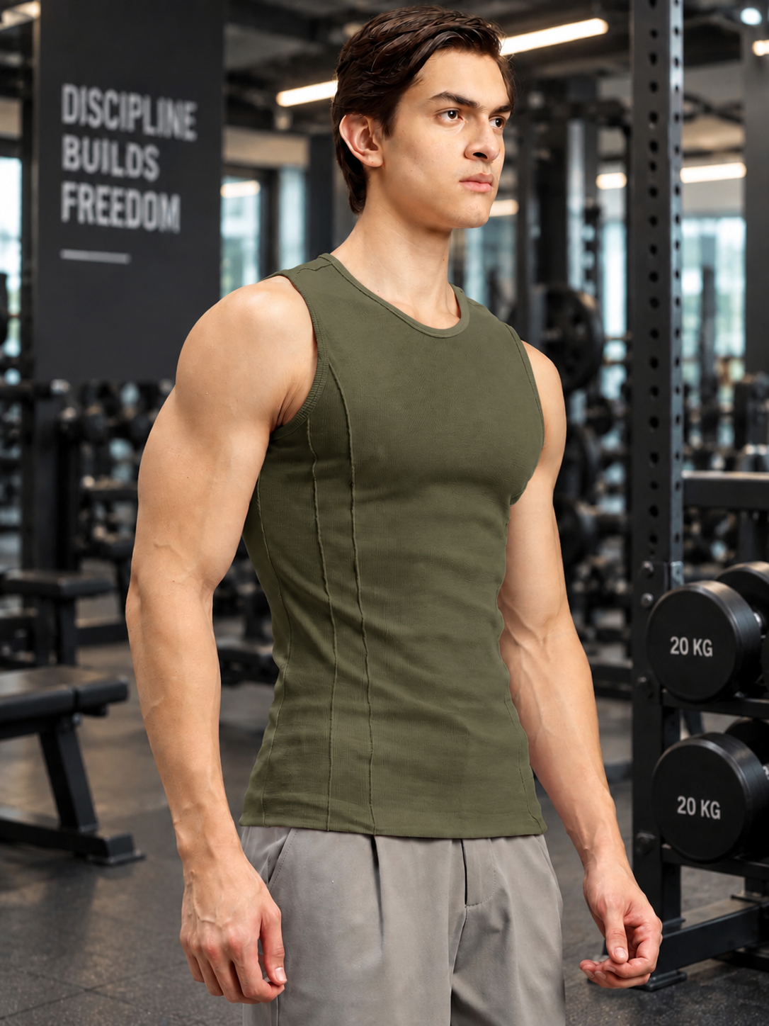 SLEEVELESS TANK GYM T-SHIRT OLIVE GREEN