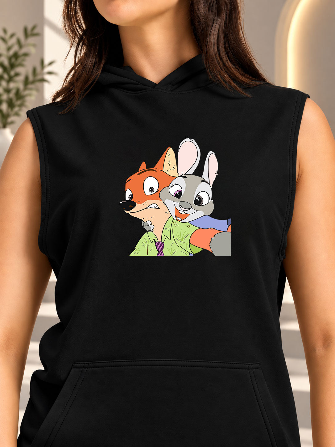 WOMEN ZOOTOPIA GYM HOODED T-SHIRT BLACK