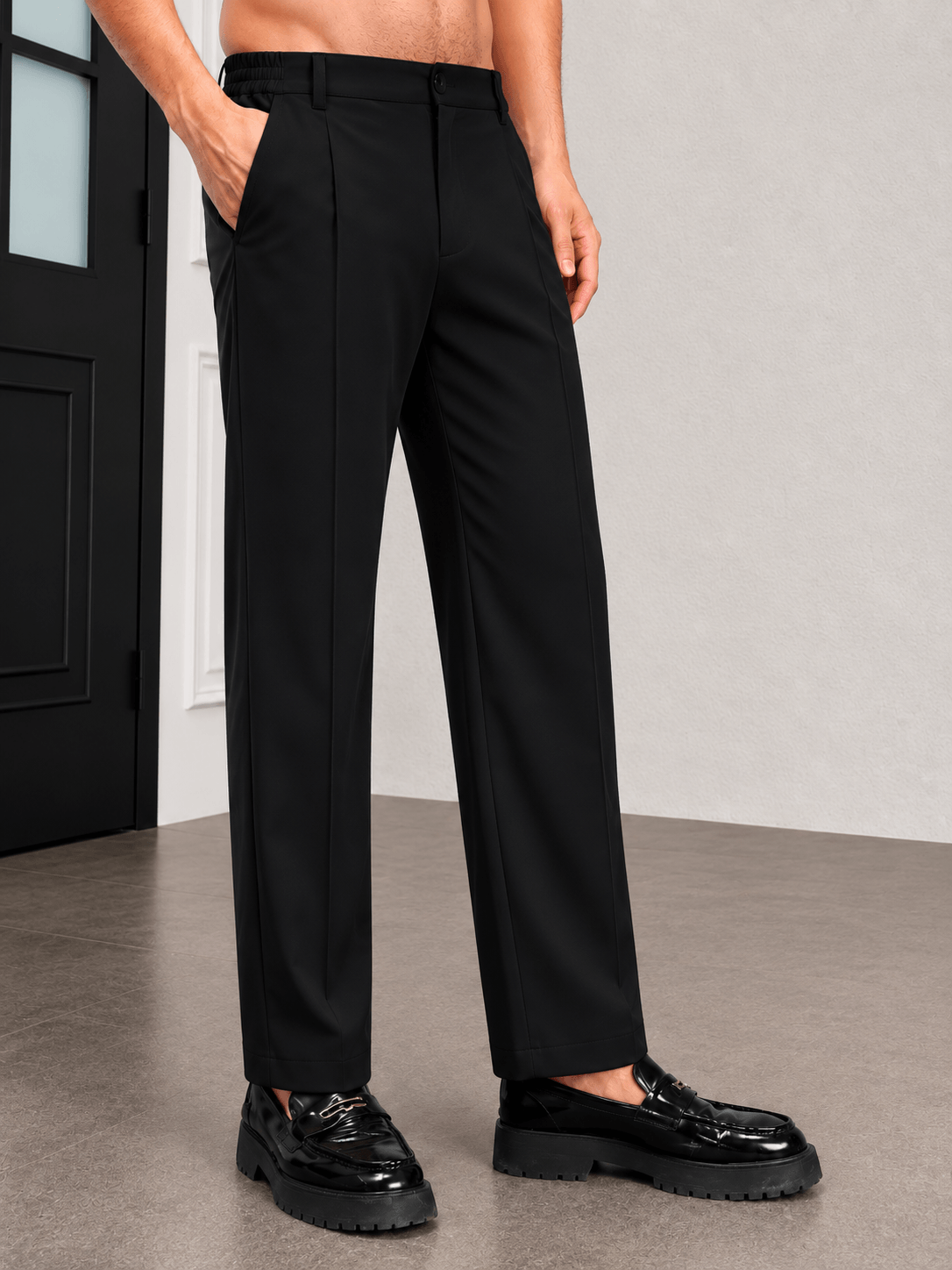 HIGH-FLEX TAILORED PANTS DARK BLACK showcased with modern styling and polished elegance.