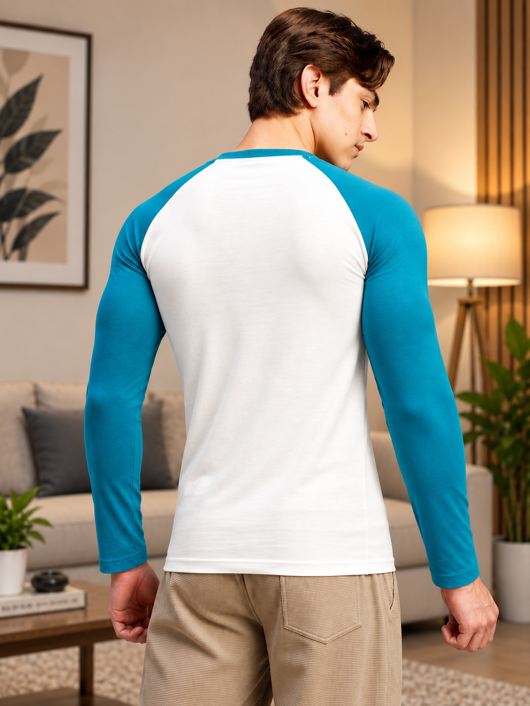 CONTRAST ROUND NECK SLIM FIT T-SHIRT WHITE TEAL BLUE