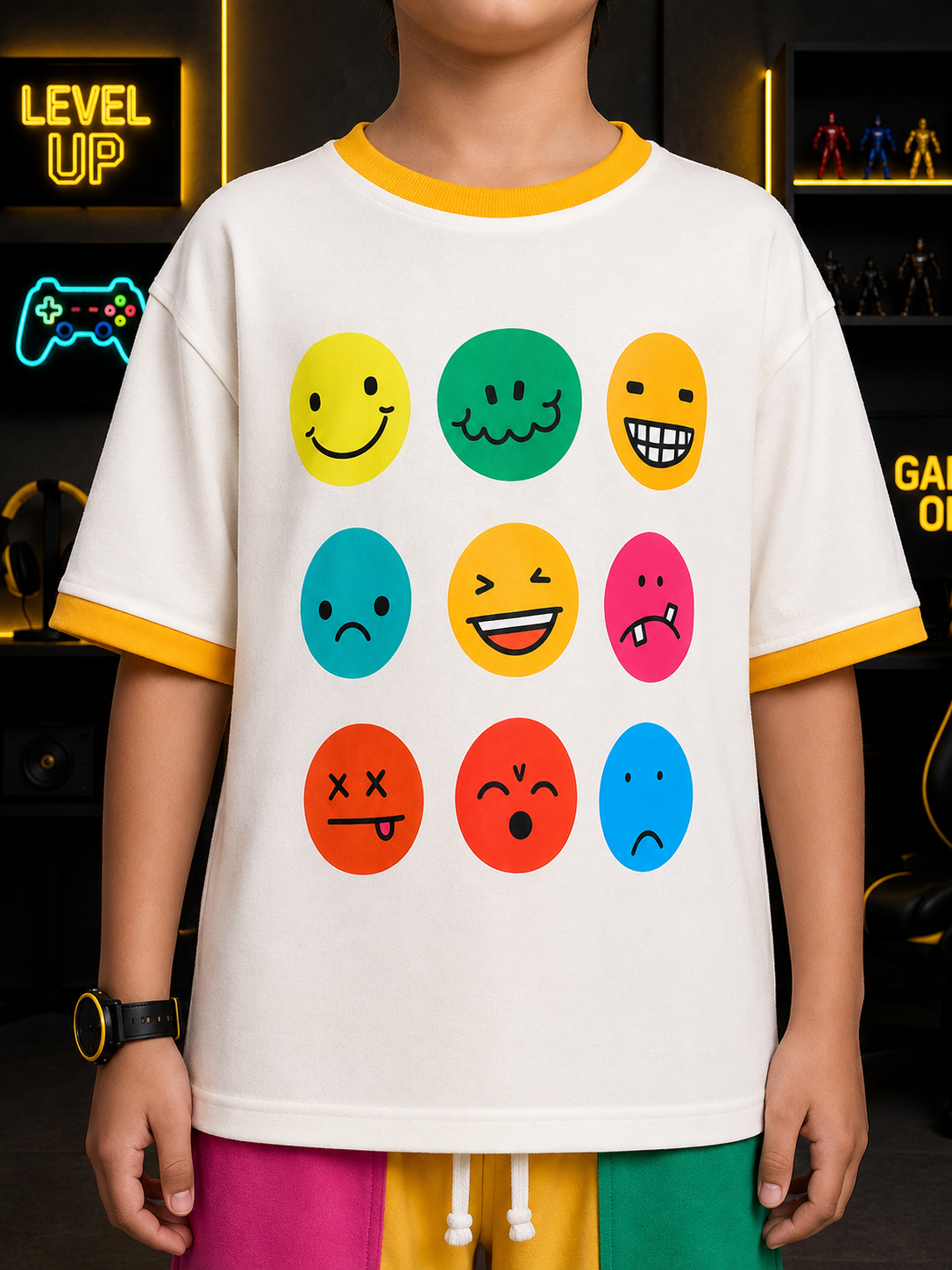 EMOJI VIBES CO-ORD FOR BOYS & GIRLS WHITE-YELLOW featuring colorful emoji faces on a t-shirt.