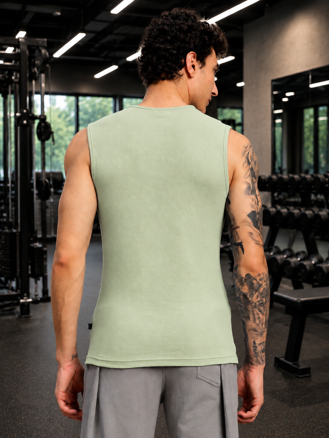 SLEEVELESS WORKOUT COTTON T-SHIRT SAGE GREEN