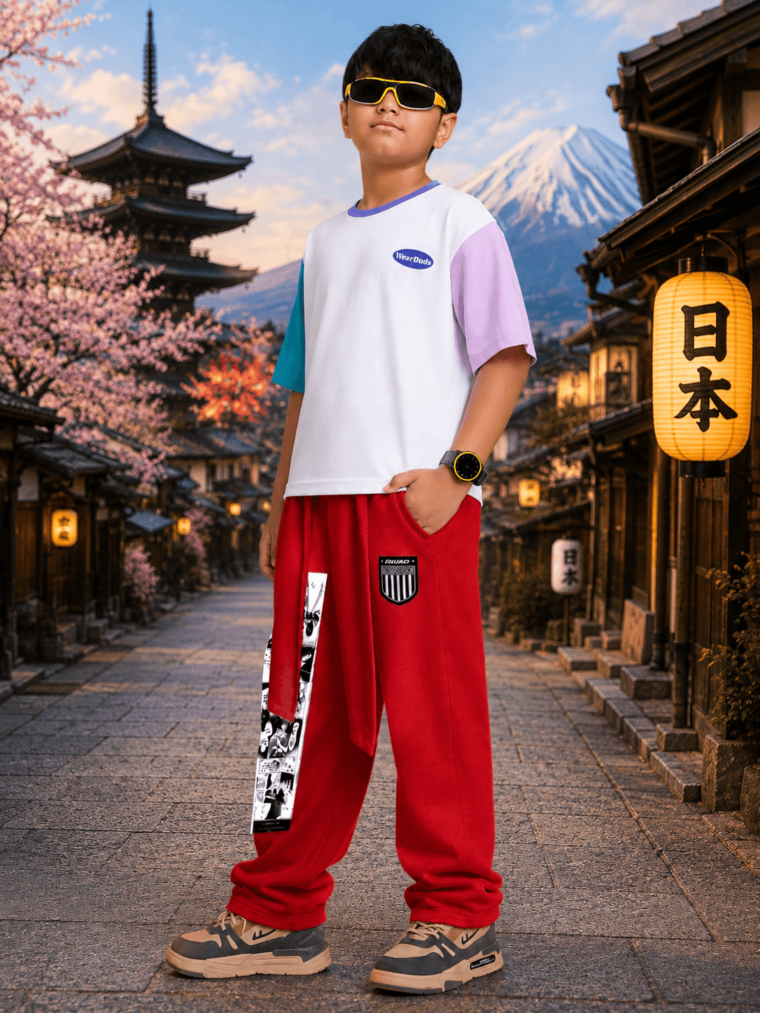 Boy wearing CHILL JOGGER FOR BOYS GIRLS RED with a stylish t-shirt and sunglasses in a scenic location.