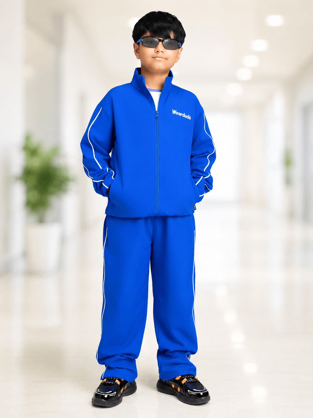 RELIGHT RELAXED FIT JOGGER FOR BOYS GIRLS ROYAL BLUE showcased on a kid wearing stylish sunglasses.