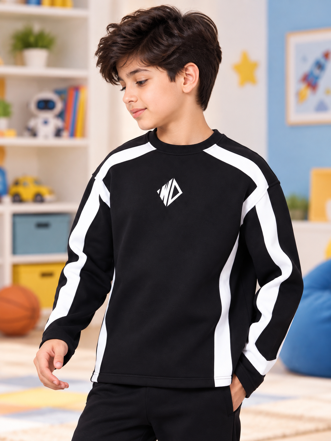 RUGBY OVERSIZED FLEECE SWEATSHIRT KIDS BLACK WHITE
