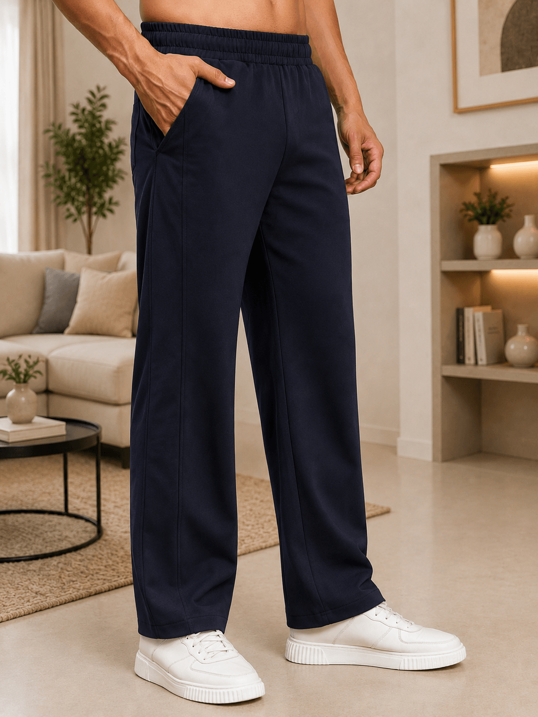 ATHLETIC DRESS TRACK TROUSERS DARK GARY shown in a fashionable home setting, styled with white sneakers.