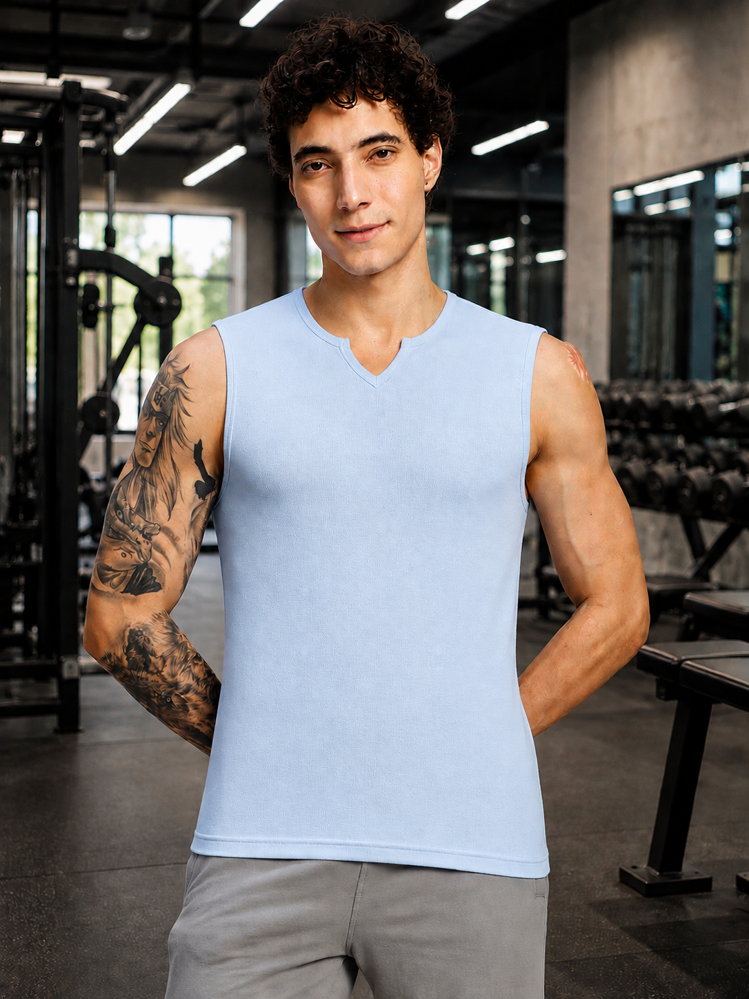 MUSCLE FIT SLEEVELESS GYM T-SHIRT SKY BLUE