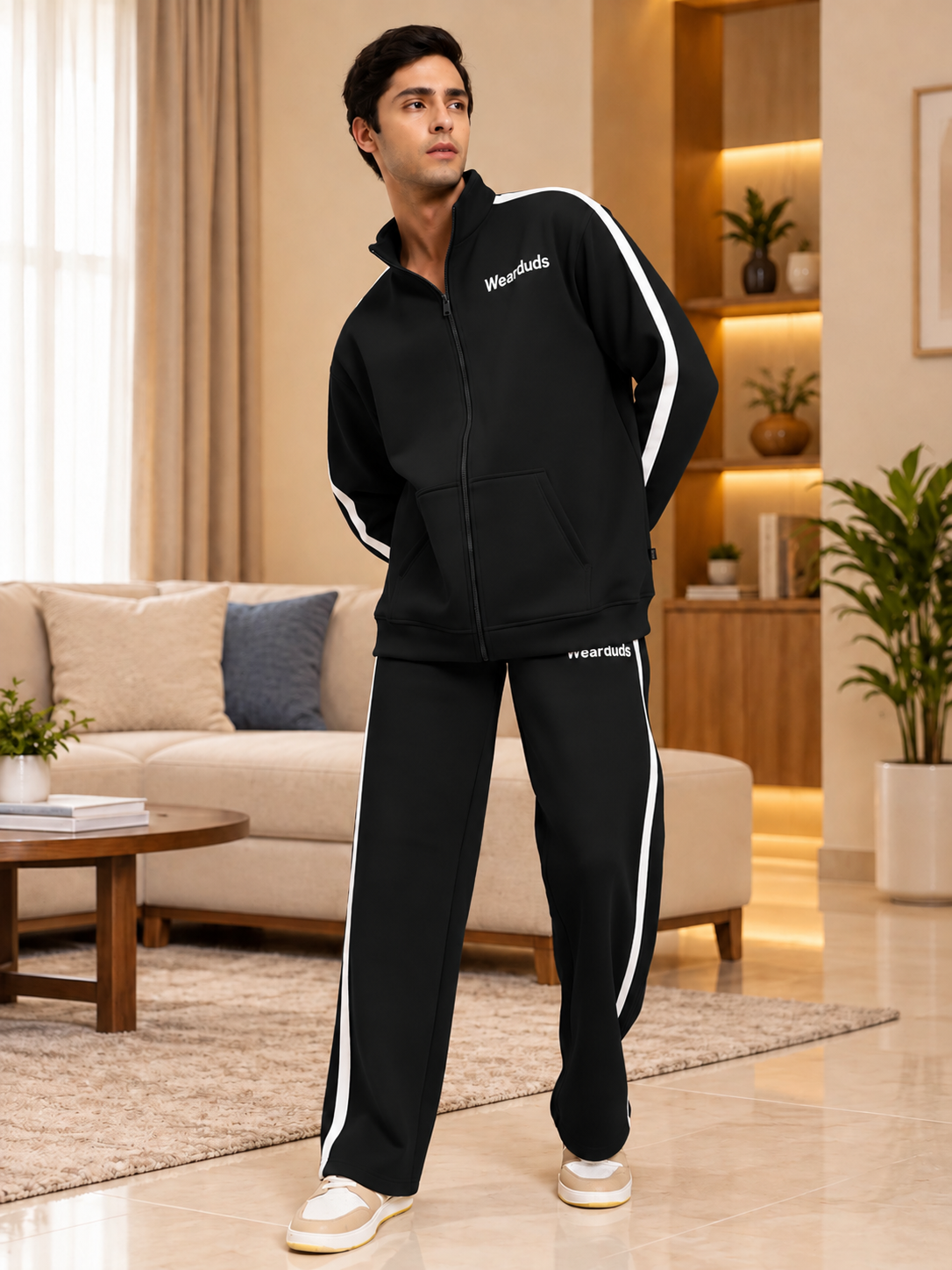RAPID STRIDE ROYAL BLACK COTTON FLEECE CO-ORD SET worn by man in cozy living room setting