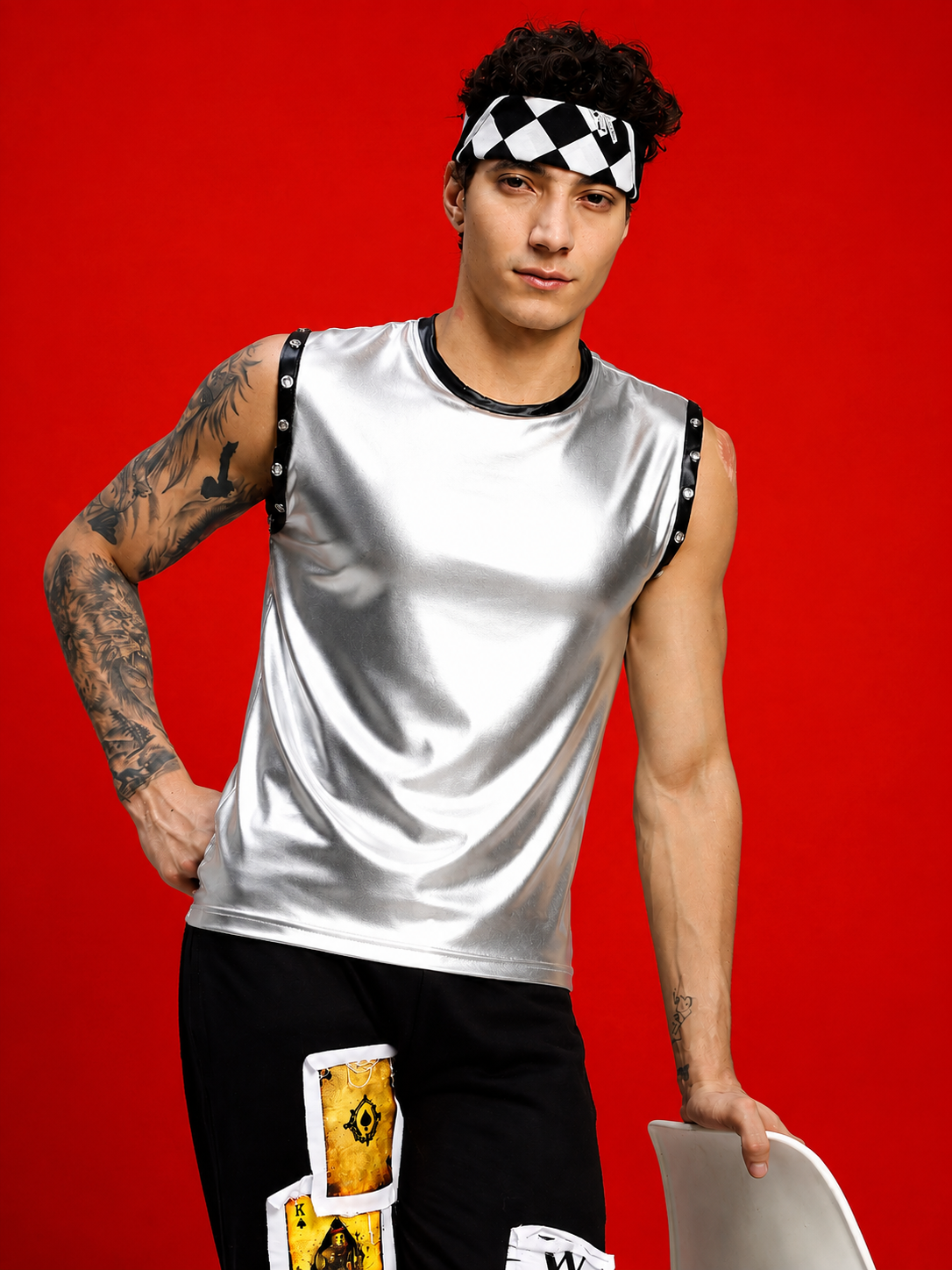 SHINY FOIL TANK SLEEVELESS GYM T-SHIRT SILVER