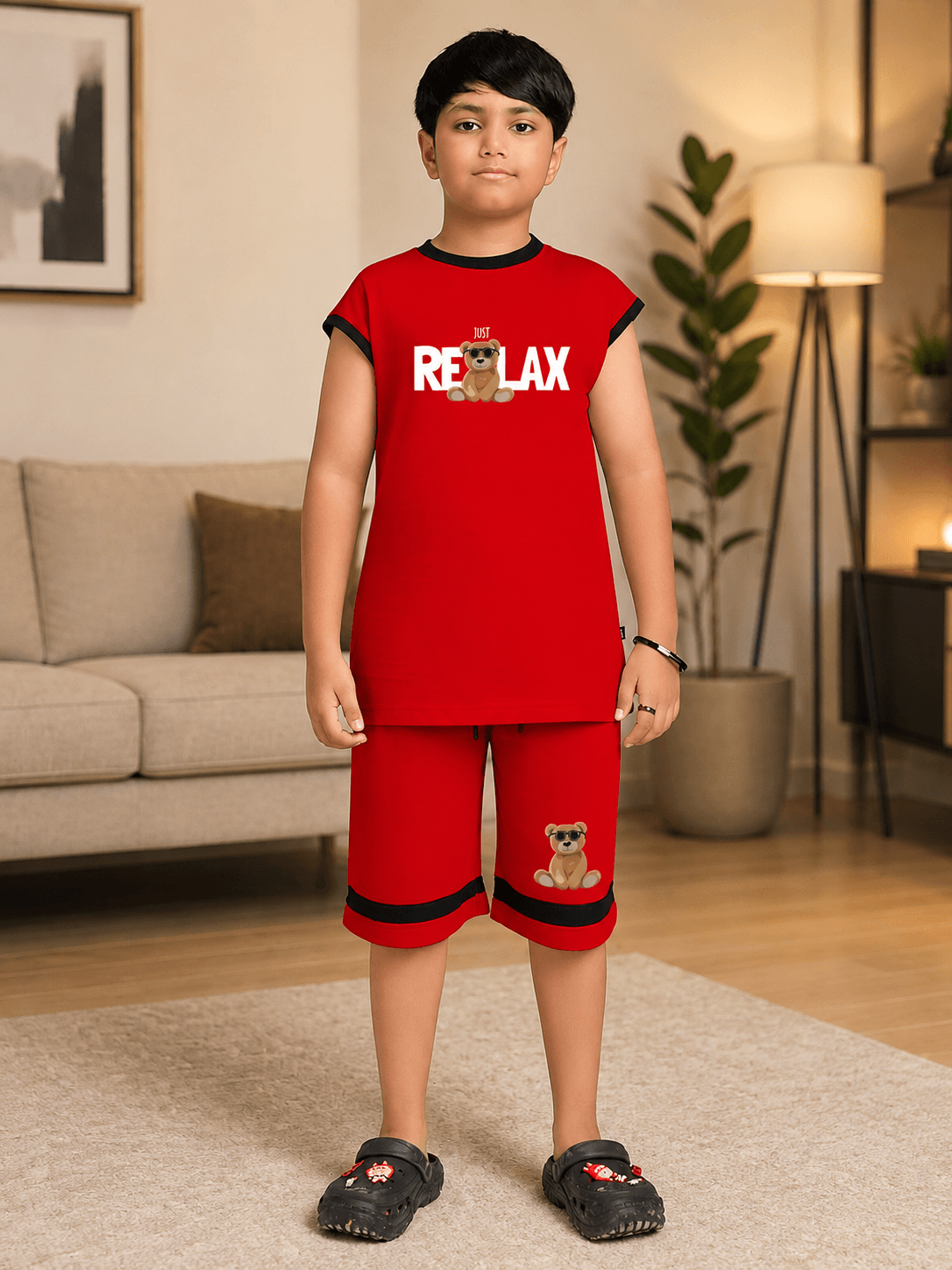 COOL TEDDY BEAR SLEEVELESS CO-ORD FOR BOYS GIRLS RED worn by a boy in a cozy living room setting.