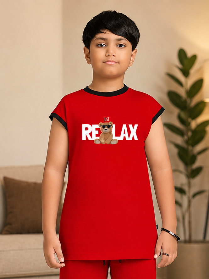 COOL TEDDY BEAR SLEEVELESS T-SHIRT FOR BOYS GIRLS RED