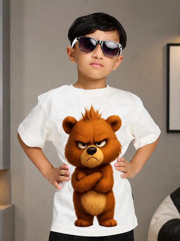BEAR GRAPHIC CASUAL T-SHIRT FOR BOYS GIRLS WHITE