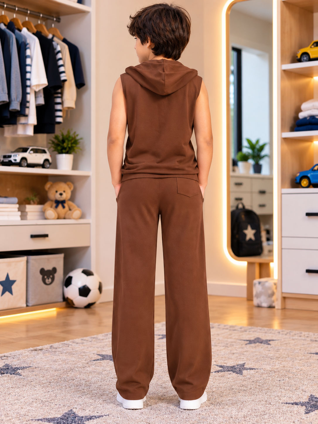 TRIBAL SLEEVELESS HOODED CO-ORD FOR BOYS GIRLS BROWN