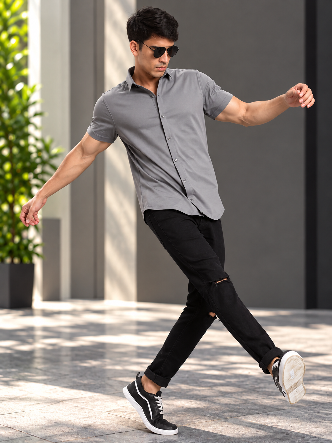 NOIR GREY WRINKLE FREE HALF SHIRT