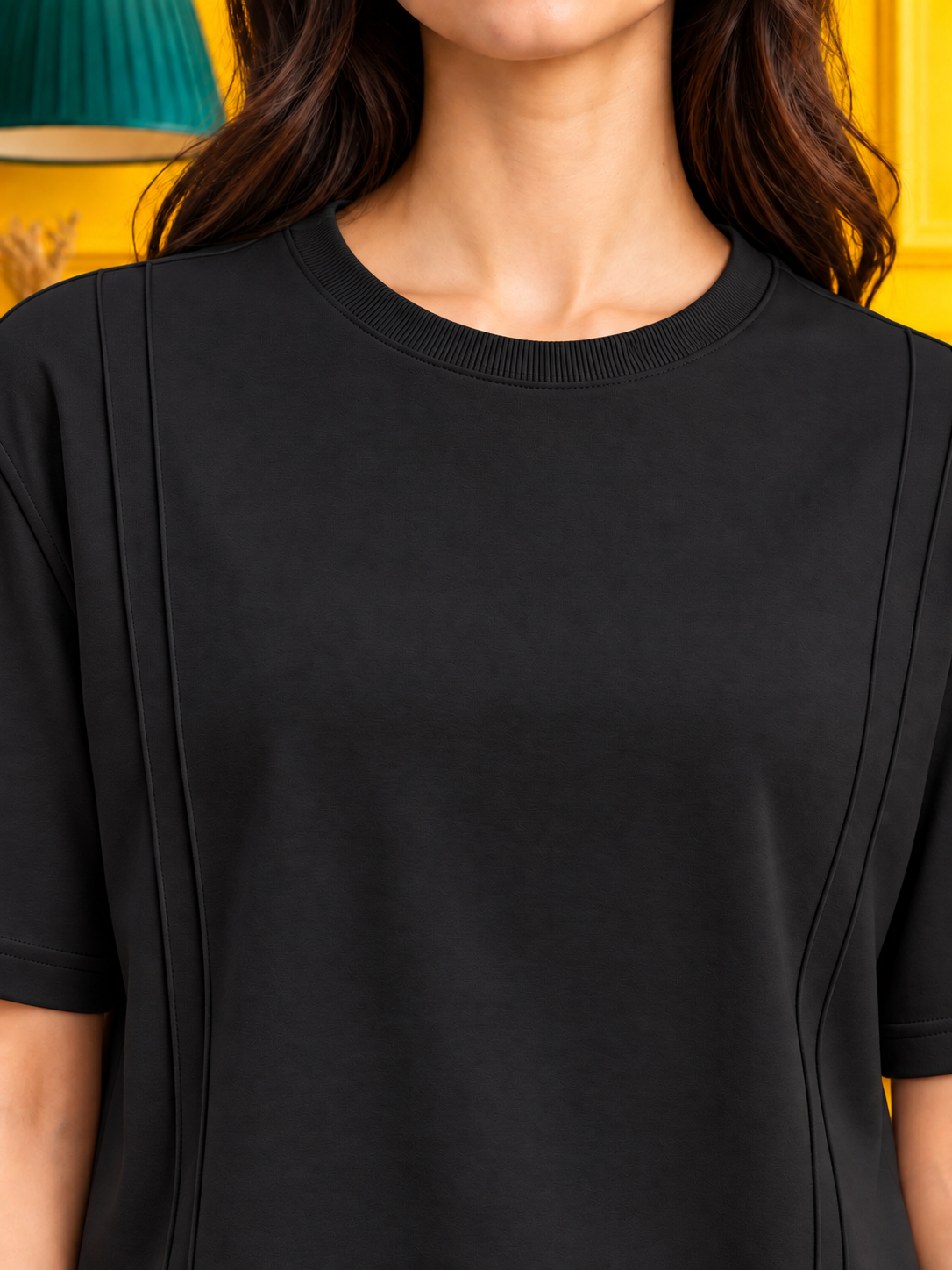 WOMEN PANEL OVERSIZED CREW T-SHIRT BLACK