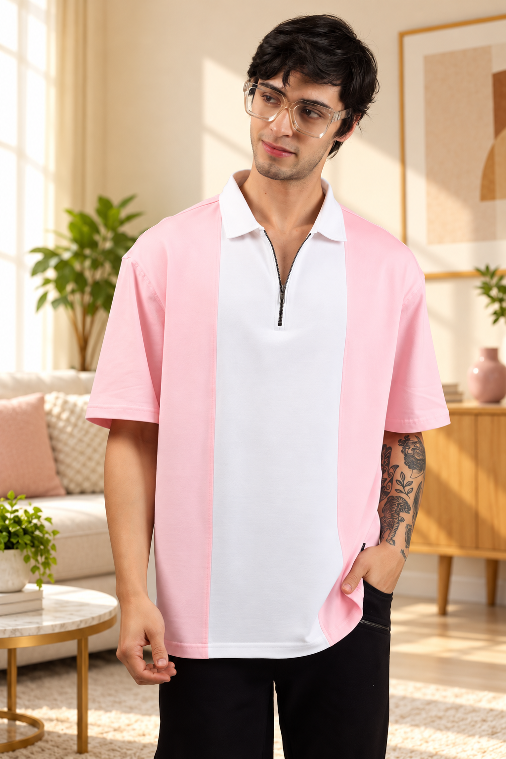 CONTRAST POLO OVERSIZED ZIPPER T-SHIRT BLUSH PINK WHITE