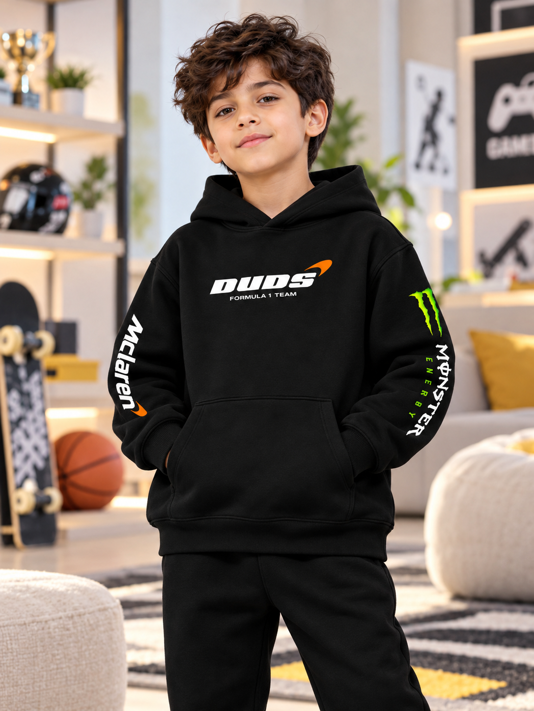 MONSTER DRINK FLEECE HOODIE FOR KIDS BLACK worn by a boy in a cozy living room setting