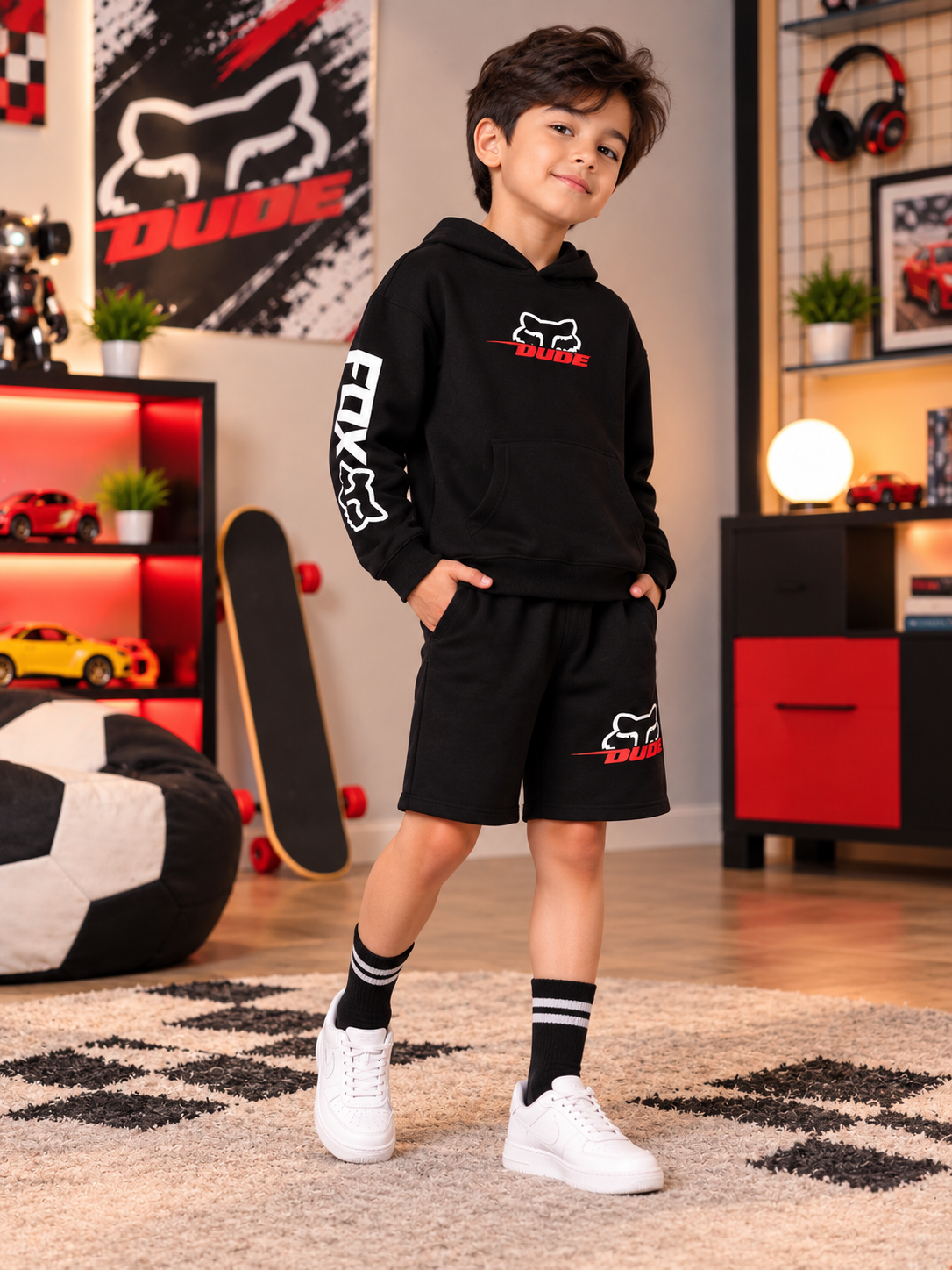 RACING FOX FLEECE CO-ORD FOR KIDS BLACK hoodie and shorts set worn by boy in stylish racing-themed bedroom