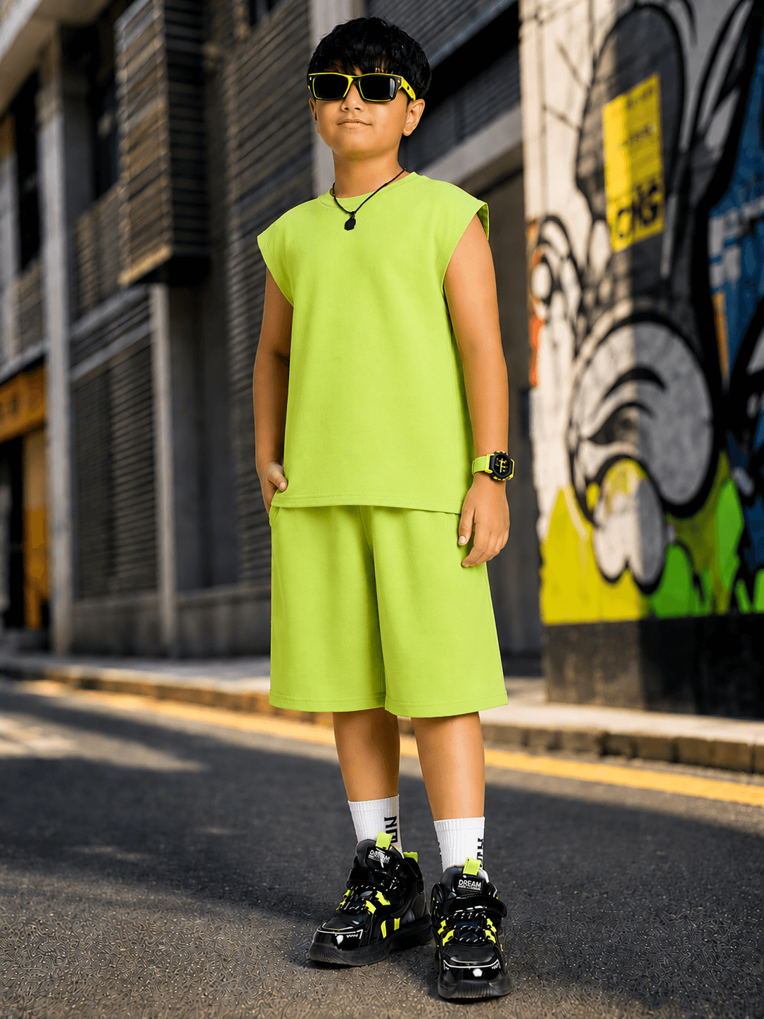 NEON RUSH SLEEVELESS T-SHIRT FOR BOYS GIRLS NEON GREEN worn by a boy in neon green outfit with stylish sunglasses.