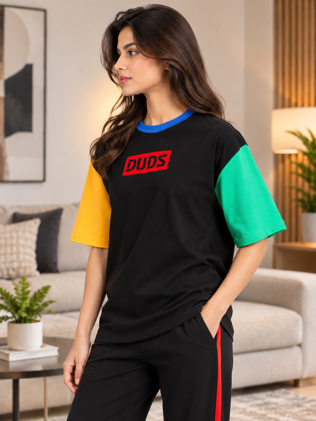 WOMEN CHROMA COLOR BLOCKED OVERSIZED T-SHIRT BLACK