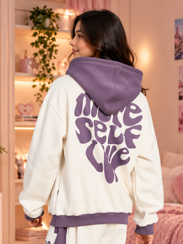 WOMEN SELF LOVE FLEECE OVERSIZED HOODIE WHITE VIOLET with purple hood and back print, cozy casual streetwear style