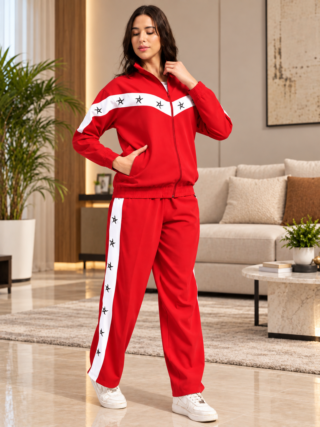 WOMEN MATCHING LOOSE FIT CO-ORD SET RED WHITE