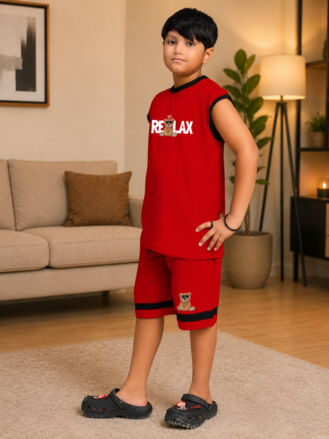 COOL TEDDY BEAR SLEEVELESS CO-ORD FOR BOYS GIRLS RED