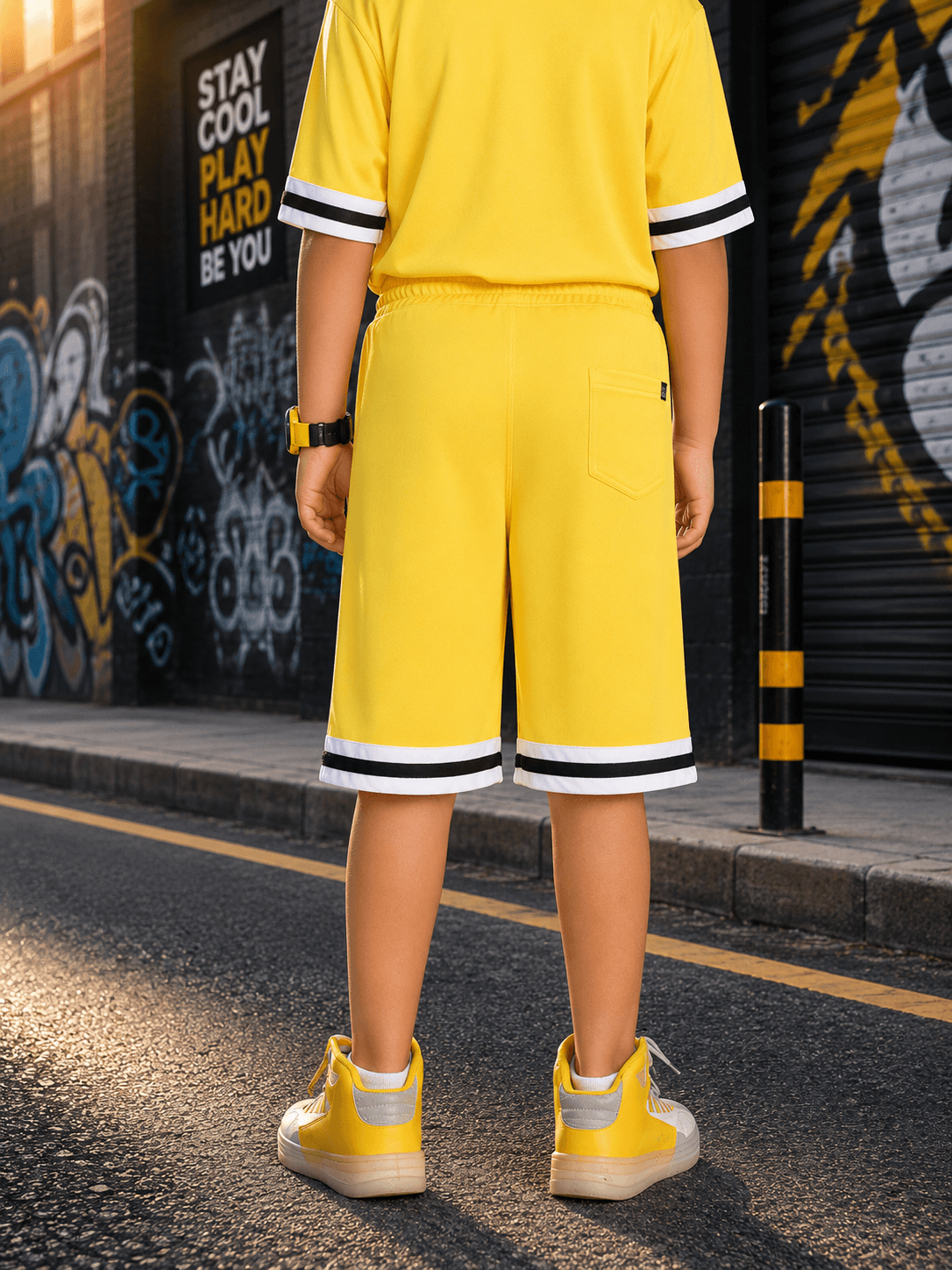 THE STREET CO-ORD SET FOR BOYS GIRLS YELLOW worn by child, showcasing vibrant yellow outfit with stylish details.