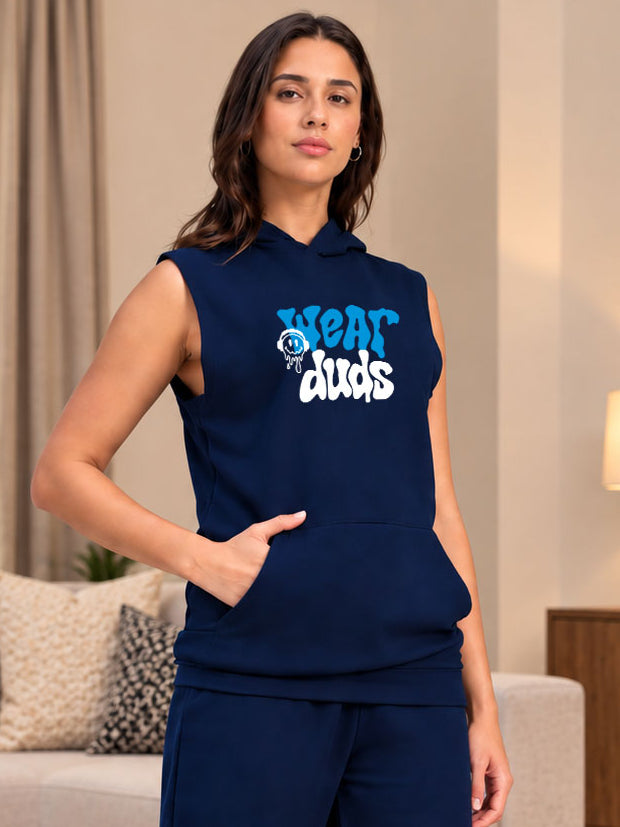 WOMEN LOUNGEWEAR SLEEVELESS HOODED T-SHIRT NAVY BLUE