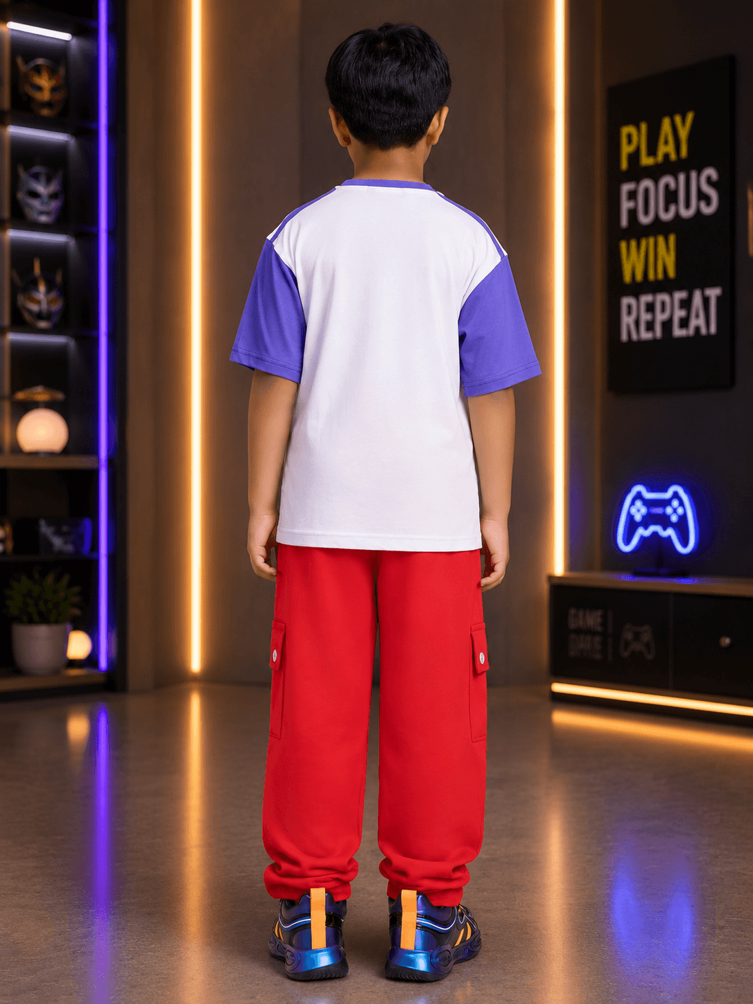 STREET WONDER CO-ORD FOR BOYS GIRLS WHITE RED outfit with red pants and stylish top featuring purple sleeves.