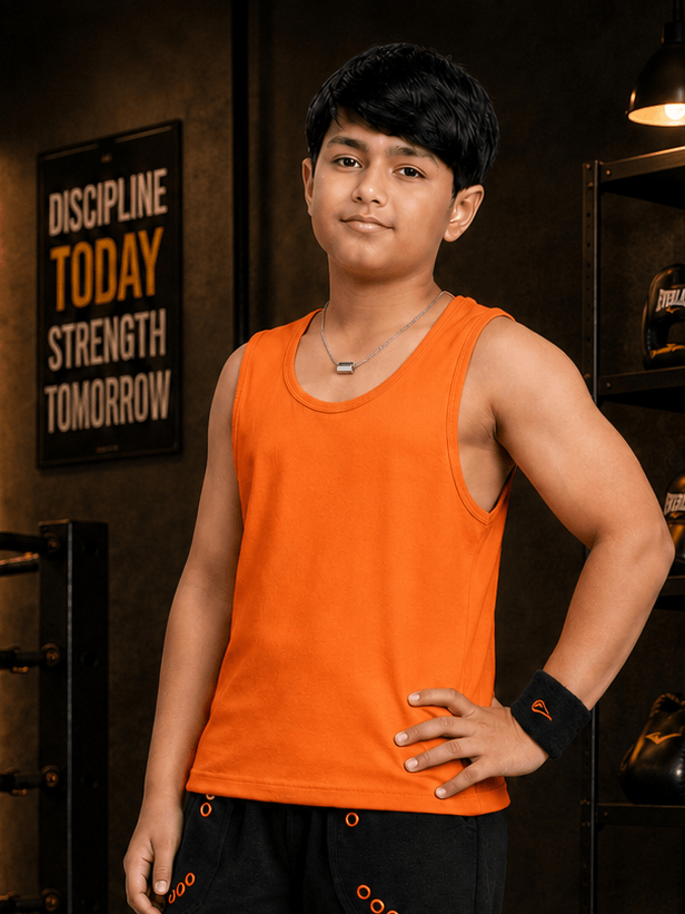 EASY WEAR VEST T-SHIRT FOR BOYS GIRLS ORANGE worn by a boy, showcasing a bright orange color in a sporty setting.