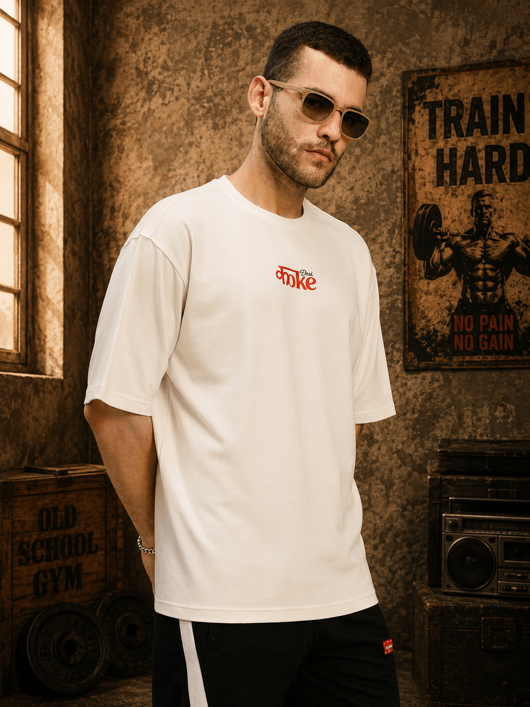 CREATIVE SLOGAN DUAL TEXT T-SHIRT CREAM displayed on a model in a stylish indoor setting.