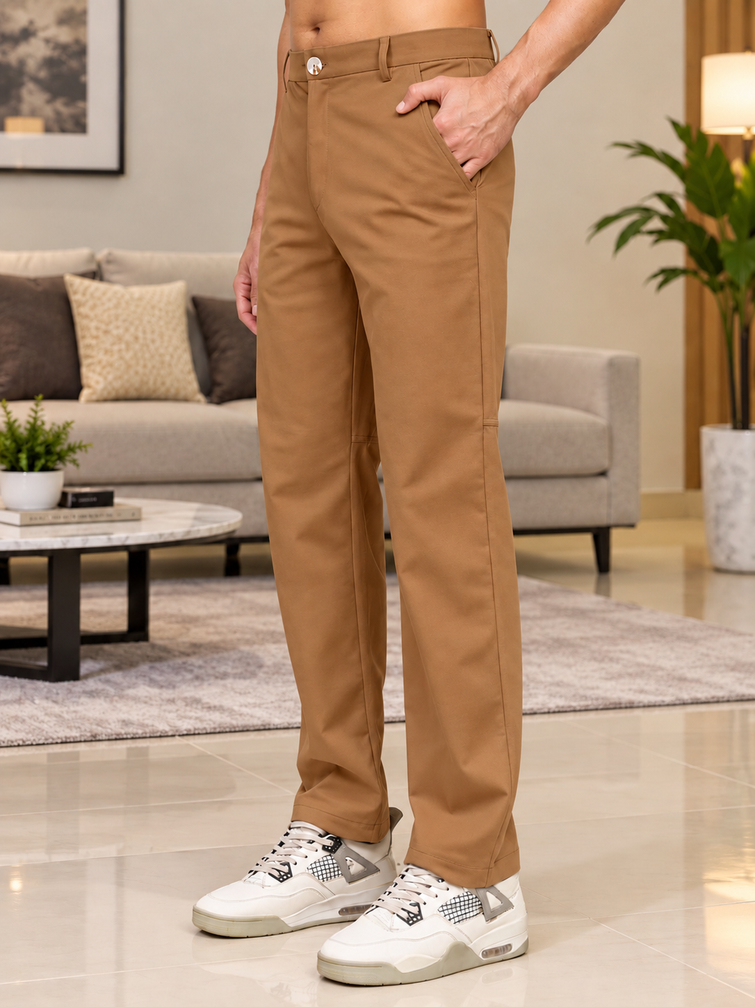 STRETCH STRAIGHT CASUAL PANTS BROWN