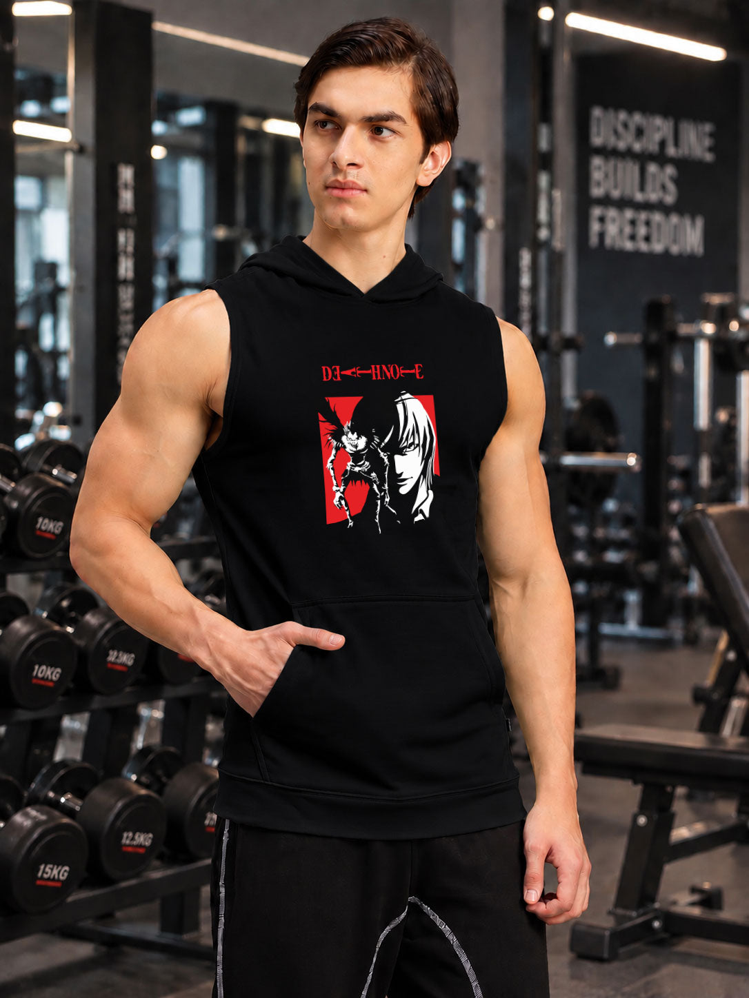 DEATH NOTE GYM SLEEVELESS HOODED T-SHIRT BLACK
