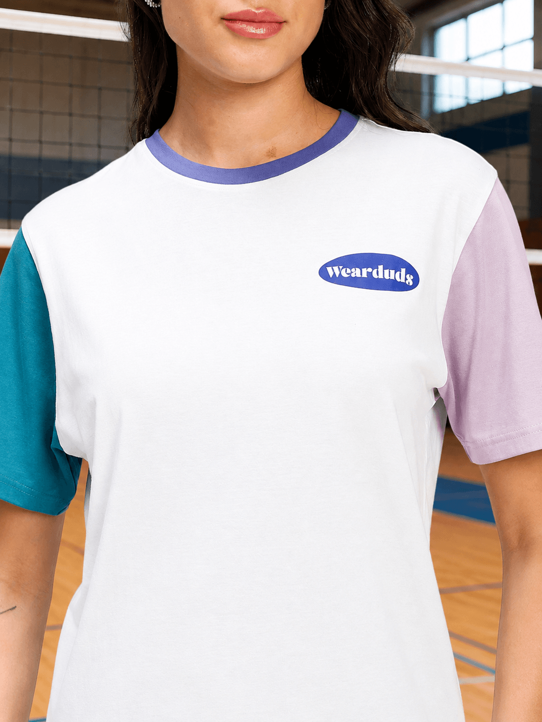 WOMEN CHILL REGULAR FIT T-SHIRT WHITE MULTI showcasing a stylish design with colorful sleeves and a relaxed fit.