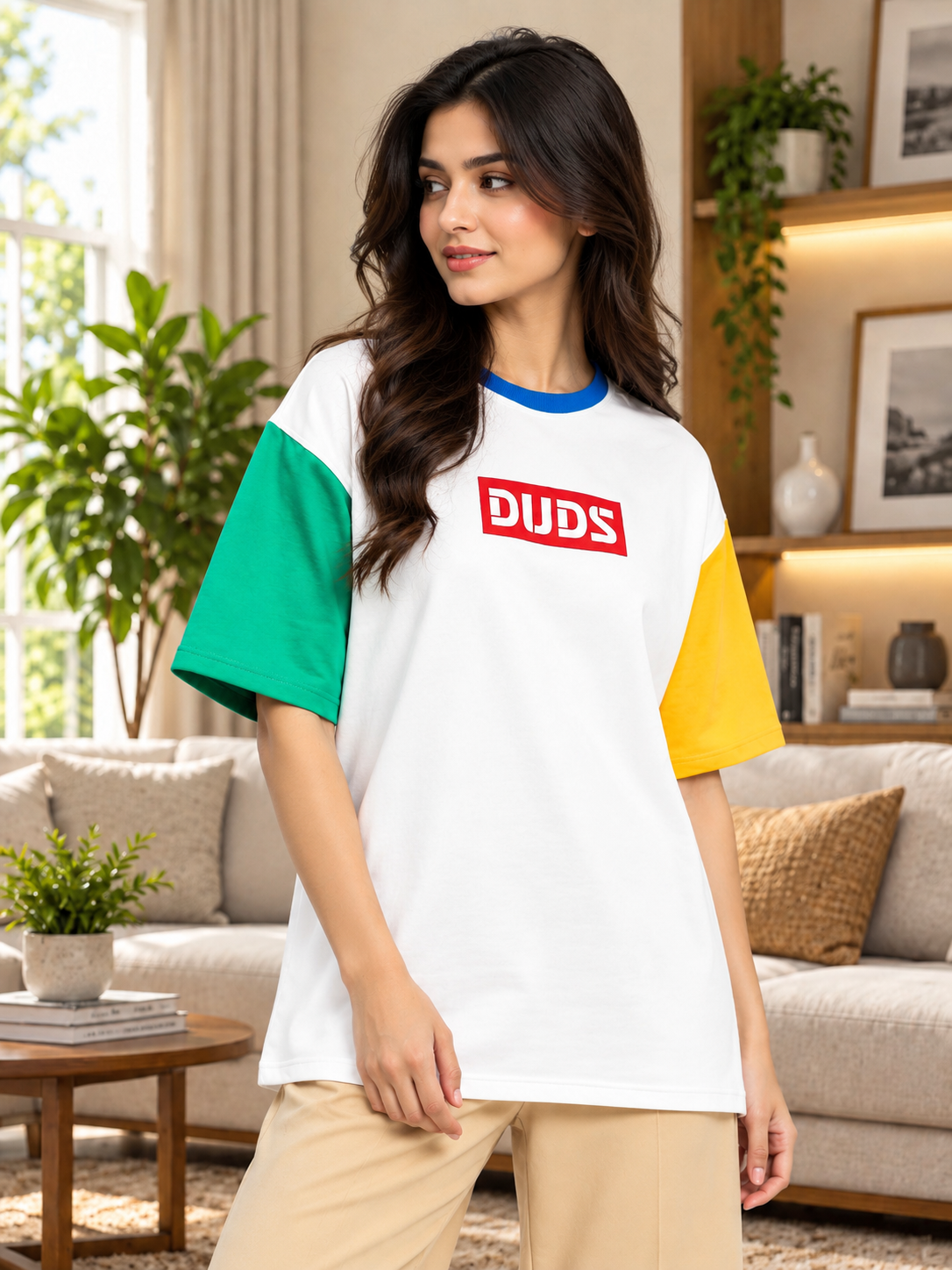 WOMEN CHROMA COLOR BLOCKED OVERSIZED T-SHIRT OFF WHITE
