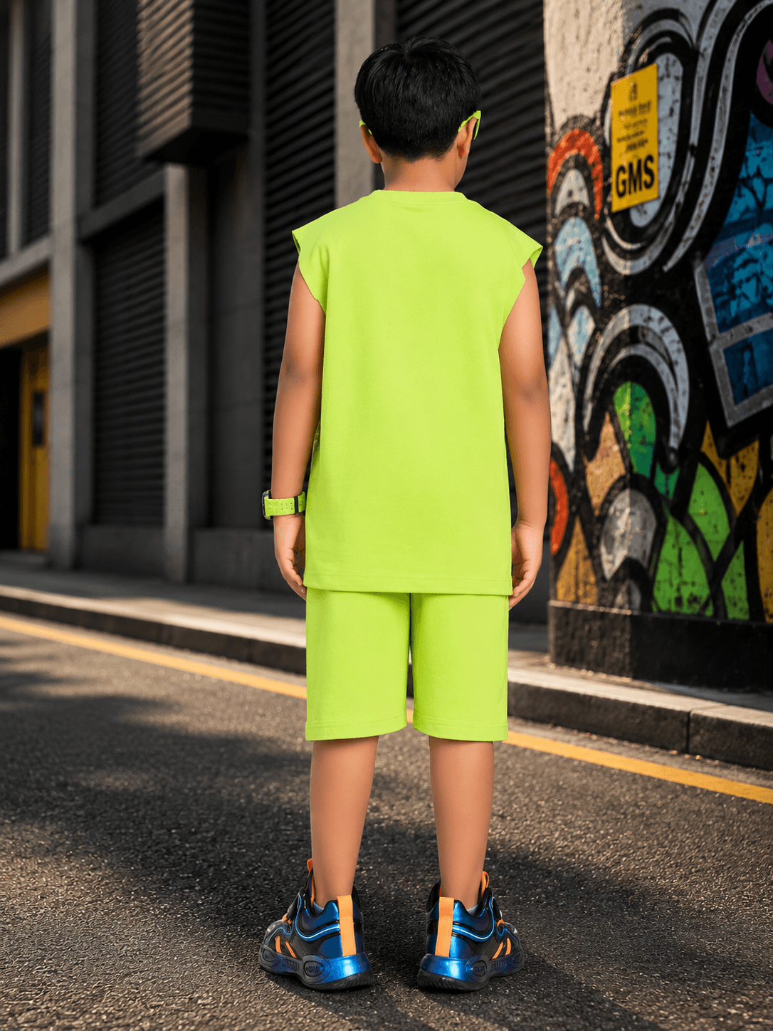 NEON RUSH SLEEVELESS CO-ORD FOR BOYS GIRLS NEON GREEN worn by a child in a vibrant urban setting.