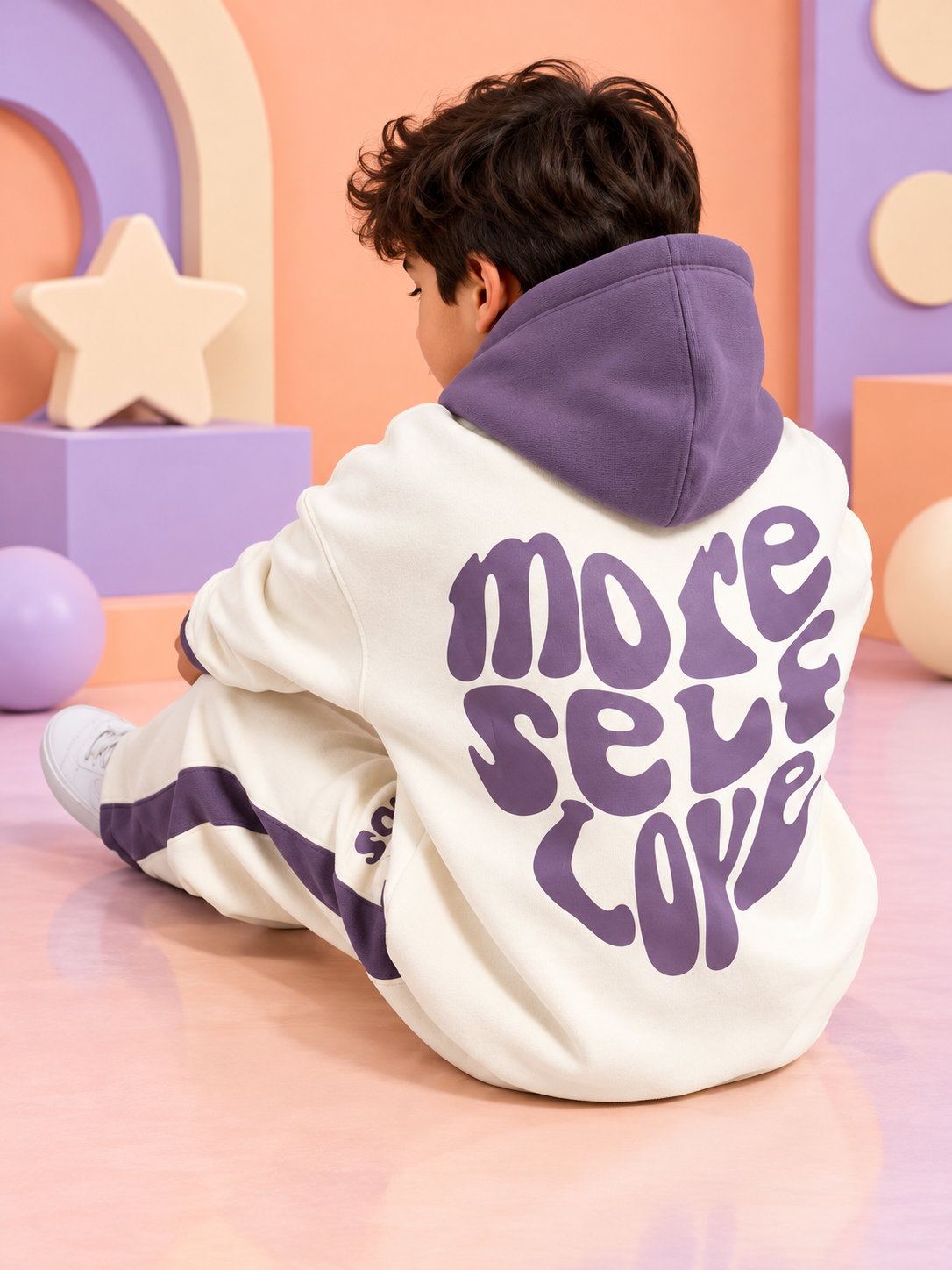 SELF LOVE FLEECE OVERSIZED CO-ORD FOR KIDS WHITE VIOLET