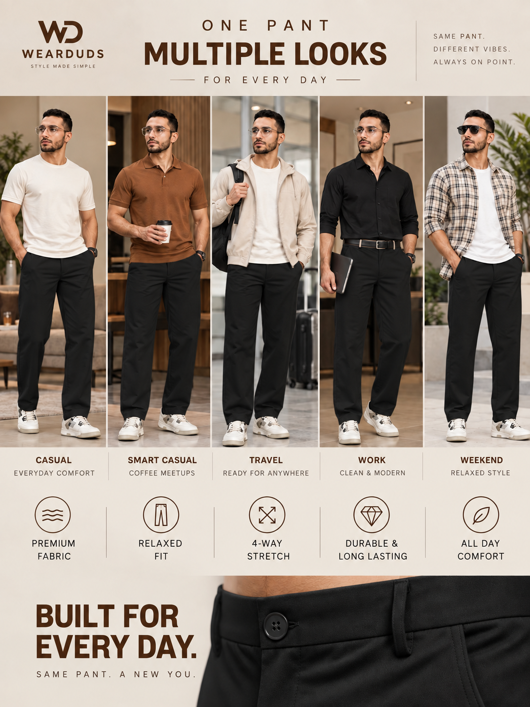 STRETCH STRAIGHT CASUAL PANTS BLACK