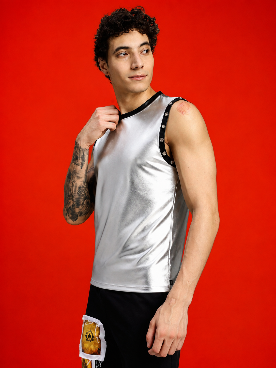 SHINY FOIL TANK SLEEVELESS GYM T-SHIRT SILVER