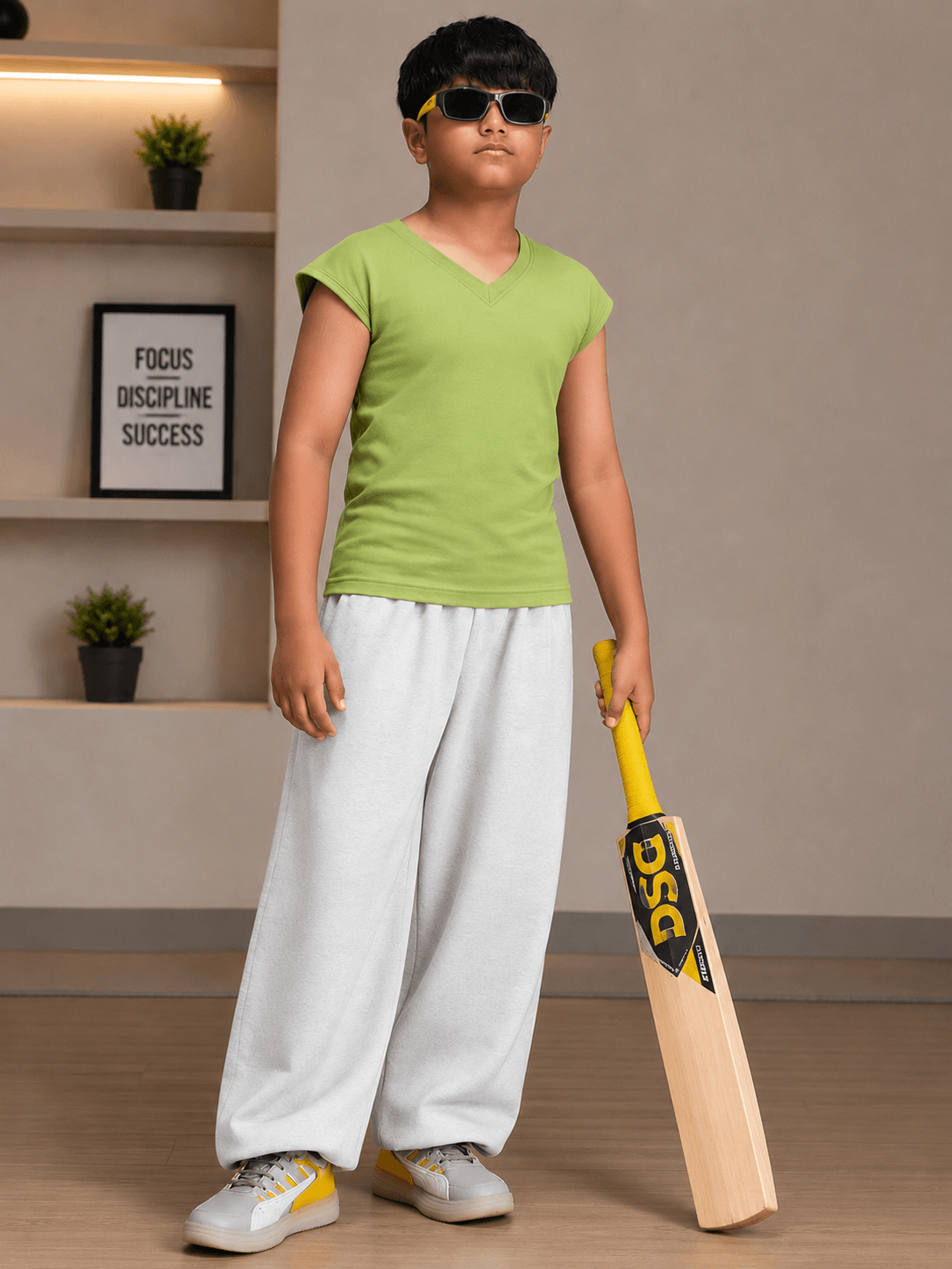 LEVELUP GAMER T-SHIRT FOR BOYS GIRLS GREEN worn by a boy holding a cricket bat, showcasing casual sporty style.