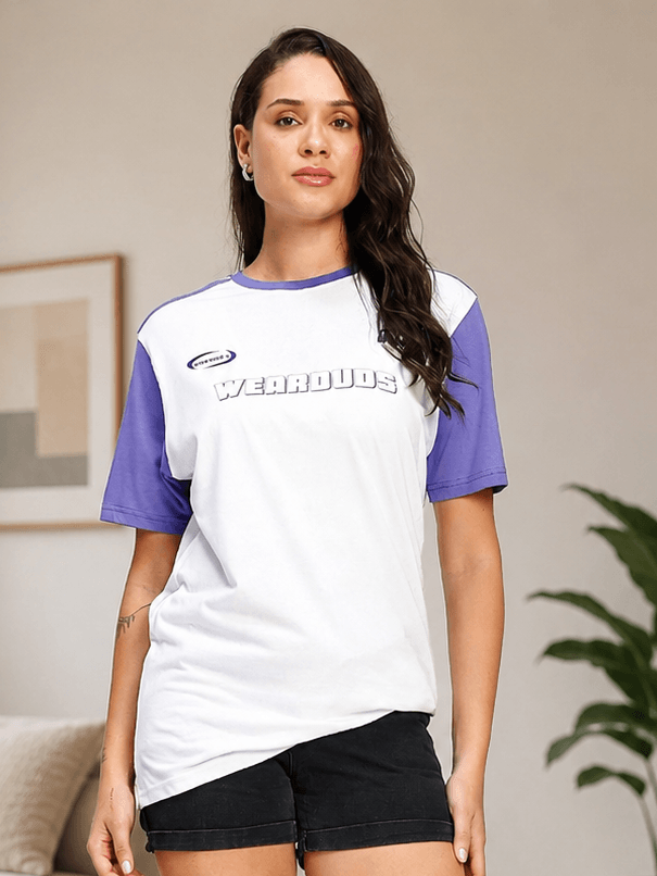 WOMEN STREET WONDER REGULAR FIT T-SHIRT WHITE MULTI worn by model, showcasing playful graphic and regular fit design.