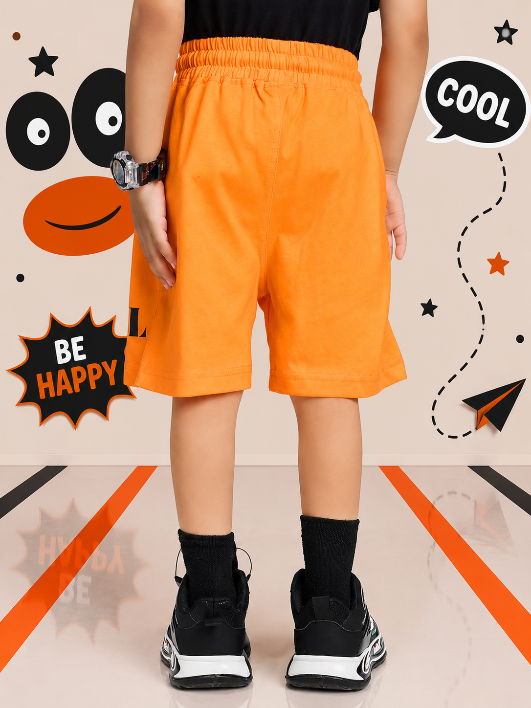 SMILEY EYES PRINT CO-ORD SET FOR BOYS GIRLS BLACK ORANGE