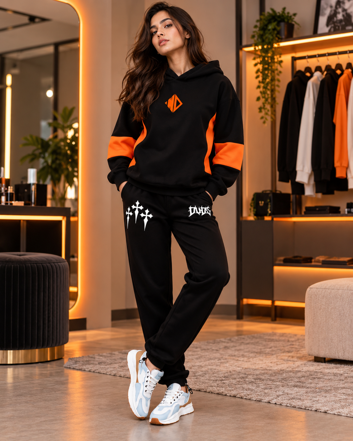 WOMEN WD GORBCORE FLEECE HOODIE BLACK ORANGE