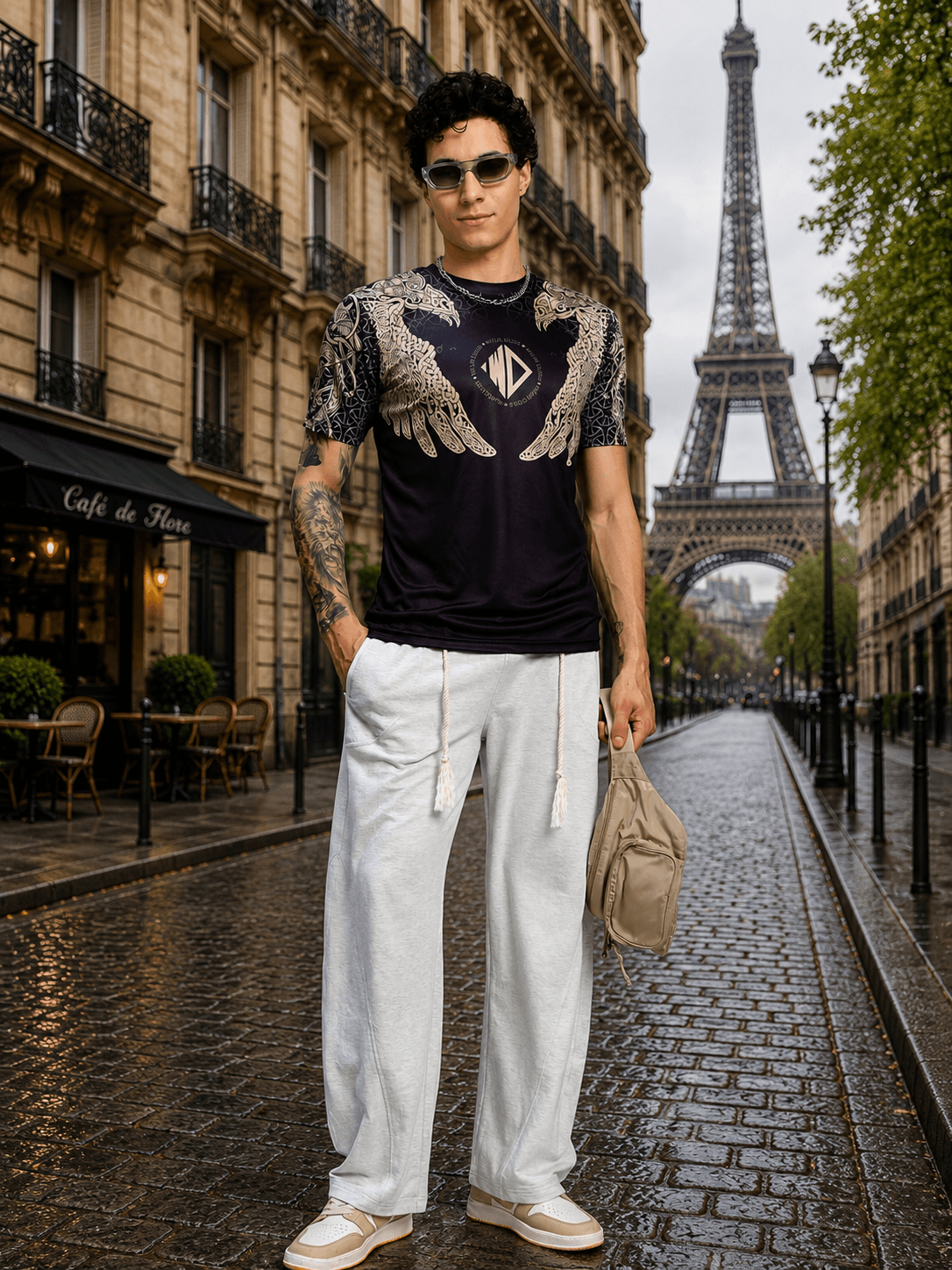 AURA OF ASGARD REGULAR T-SHIRT BLACK worn by a model in front of the Eiffel Tower, showcasing a stylish streetwear look.