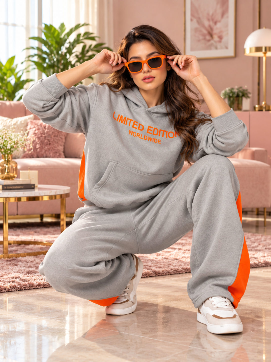 WOMEN WORLDWIDE FLEECE COLORBLOCK CO-ORD GREY hoodie and sweatpants set styled with orange sunglasses for a trendy casual look