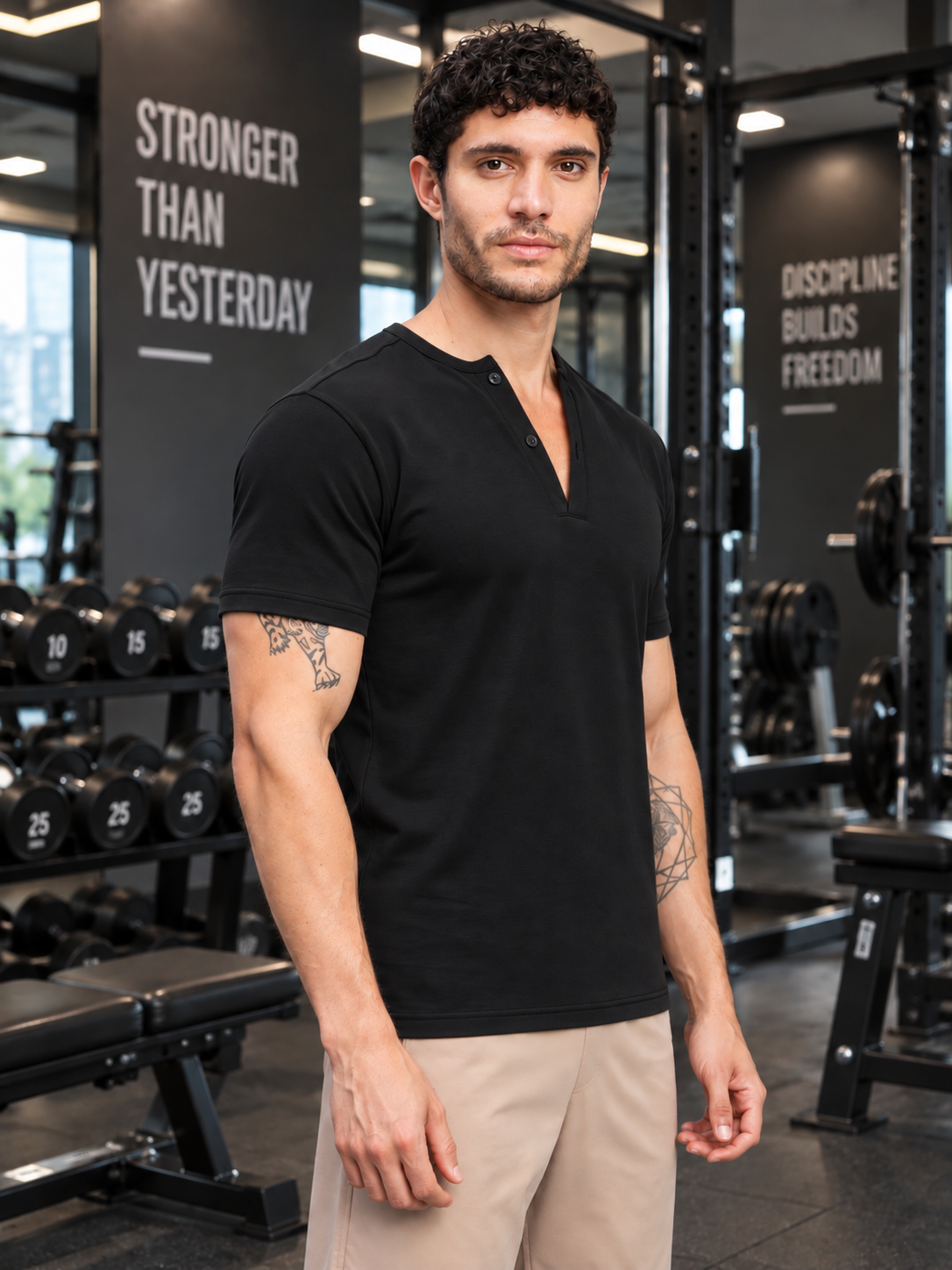 ATHLETIC HENLEY REGULAR FIT T-SHIRT BLACK